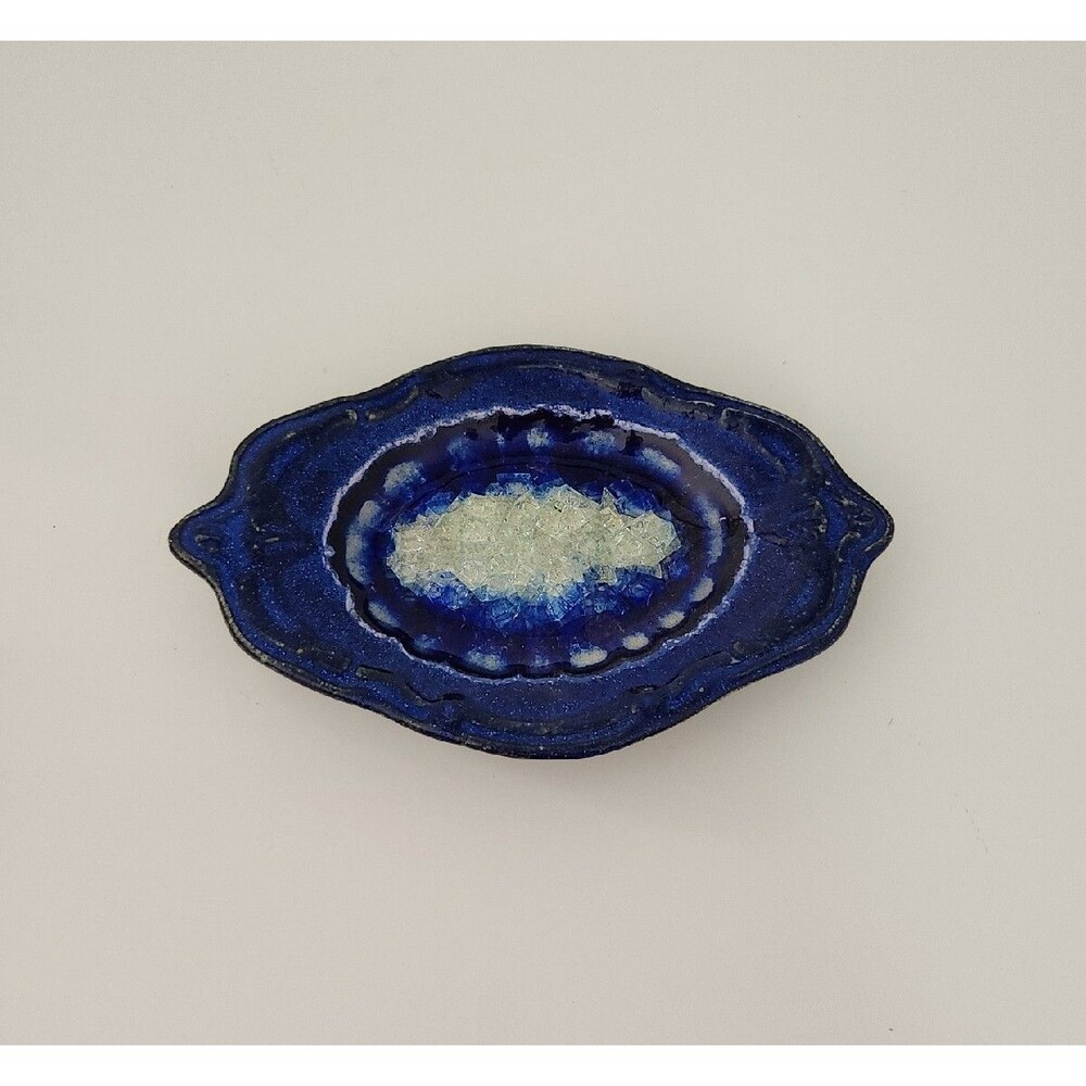 Hand Thrown Clay Artisan Glazed Fired With Glass Blue Jewelry Dish Soap USA Made